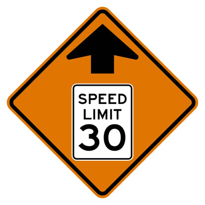 Construction Reduced Speed Limit Ahead 30 MPH Sign W3-5 - orange diamond sign with black up arrow above a white speed limit sign pictograph reading SPEED LIMIT 30