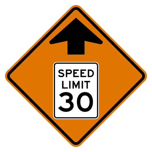 Construction Reduced Speed Limit Ahead 30 MPH Sign W3-5 - orange diamond sign with black up arrow above a white speed limit sign pictograph reading SPEED LIMIT 30