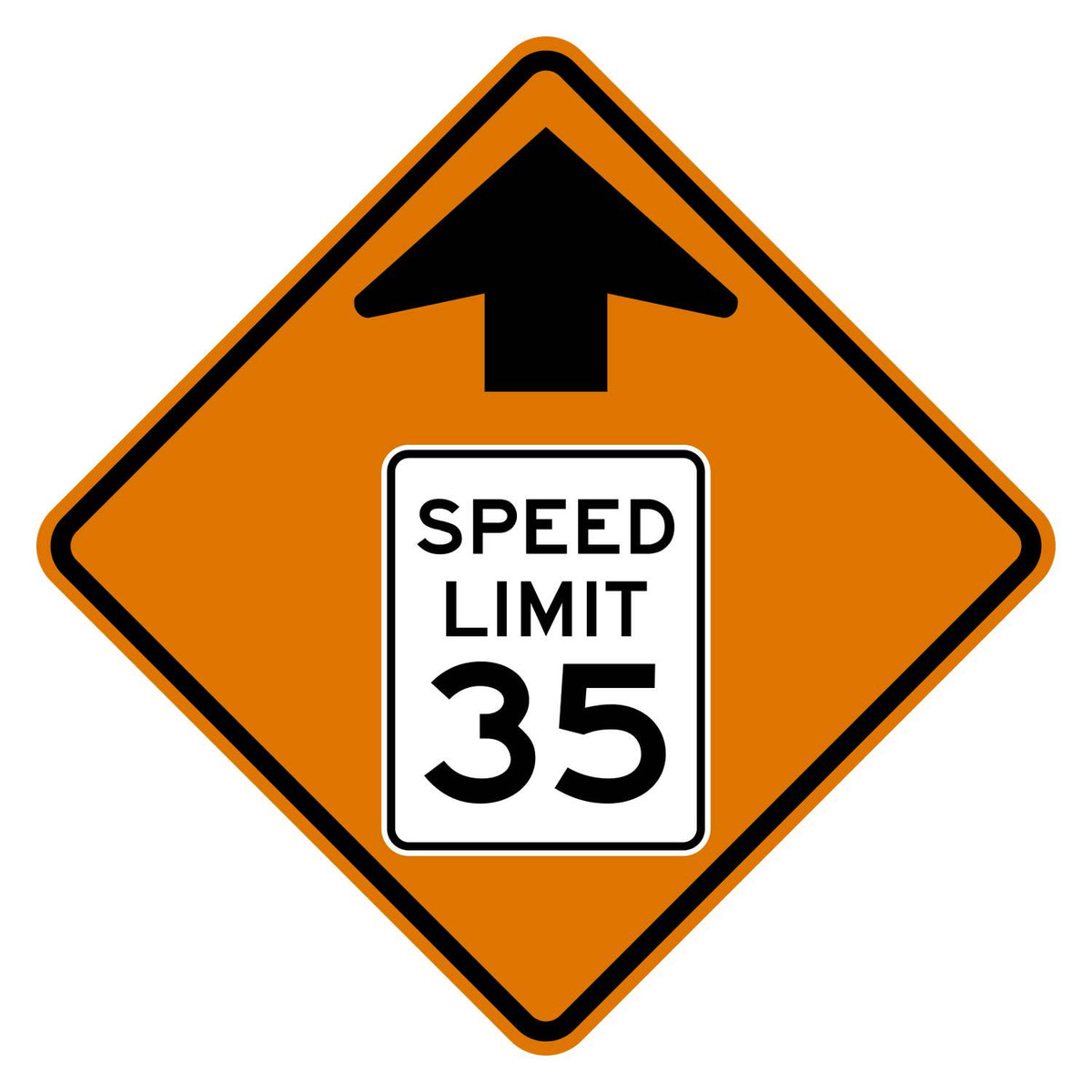 Construction Reduced Speed Limit Ahead 35 MPH Sign W3-5 - orange diamond sign with black up arrow above a white speed limit sign pictograph reading SPEED LIMIT 35