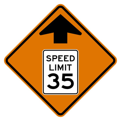 Construction Reduced Speed Limit Ahead 35 MPH Sign W3-5 - orange diamond sign with black up arrow above a white speed limit sign pictograph reading SPEED LIMIT 35