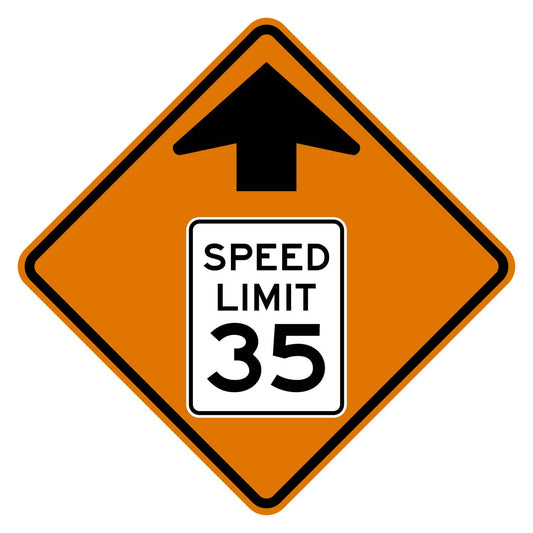 Construction Reduced Speed Limit Ahead 35 MPH Sign W3-5 - orange diamond sign with black up arrow above a white speed limit sign pictograph reading SPEED LIMIT 35