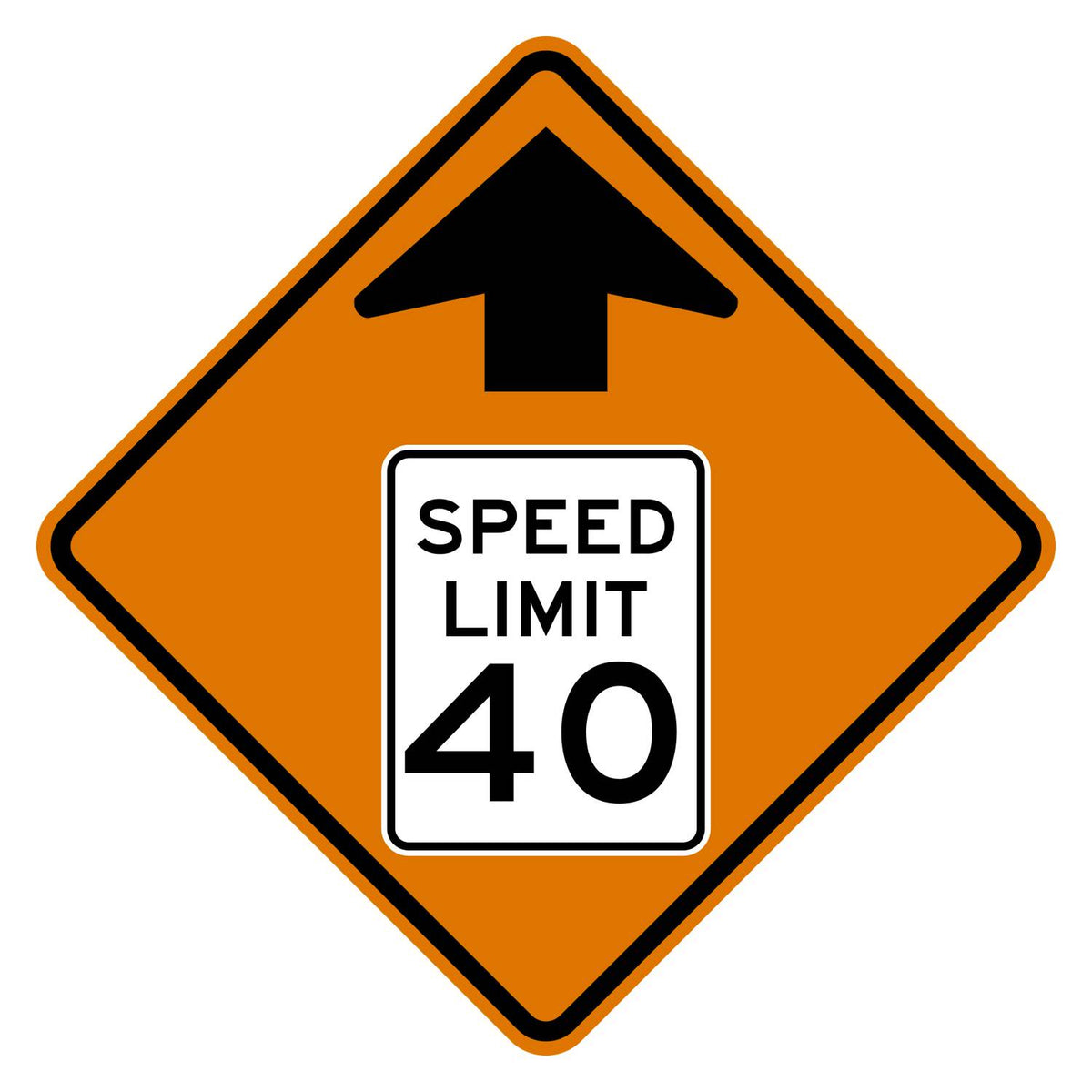 Construction Reduced Speed Limit Ahead 40 MPH Sign W3-5 - orange diamond sign with black up arrow above a white speed limit sign pictograph reading SPEED LIMIT 40