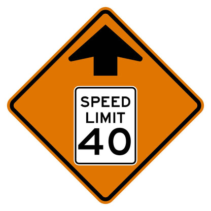 Construction Reduced Speed Limit Ahead 40 MPH Sign W3-5 - orange diamond sign with black up arrow above a white speed limit sign pictograph reading SPEED LIMIT 40