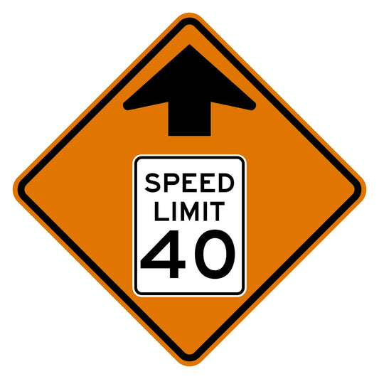 Construction Reduced Speed Limit Ahead 40 MPH Sign W3-5 - orange diamond sign with black up arrow above a white speed limit sign pictograph reading SPEED LIMIT 40