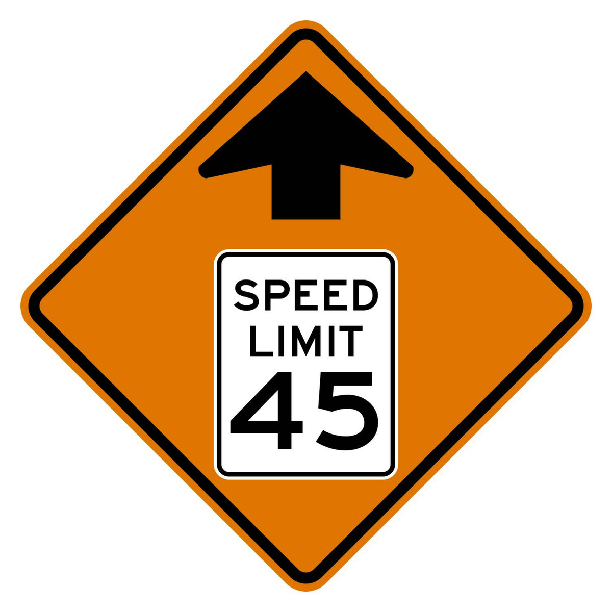 Construction Reduced Speed Limit Ahead 45 MPH Sign W3-5 - orange diamond sign with black up arrow above a white speed limit sign pictograph reading SPEED LIMIT 45