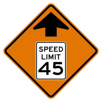 Construction Reduced Speed Limit Ahead 45 MPH Sign W3-5 - orange diamond sign with black up arrow above a white speed limit sign pictograph reading SPEED LIMIT 45