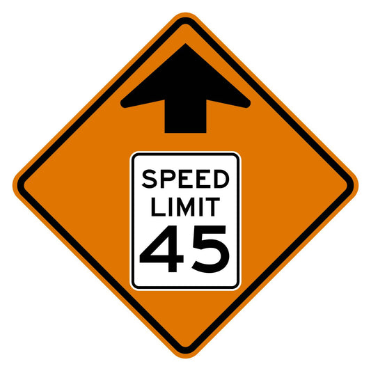 Construction Reduced Speed Limit Ahead 45 MPH Sign W3-5 - orange diamond sign with black up arrow above a white speed limit sign pictograph reading SPEED LIMIT 45