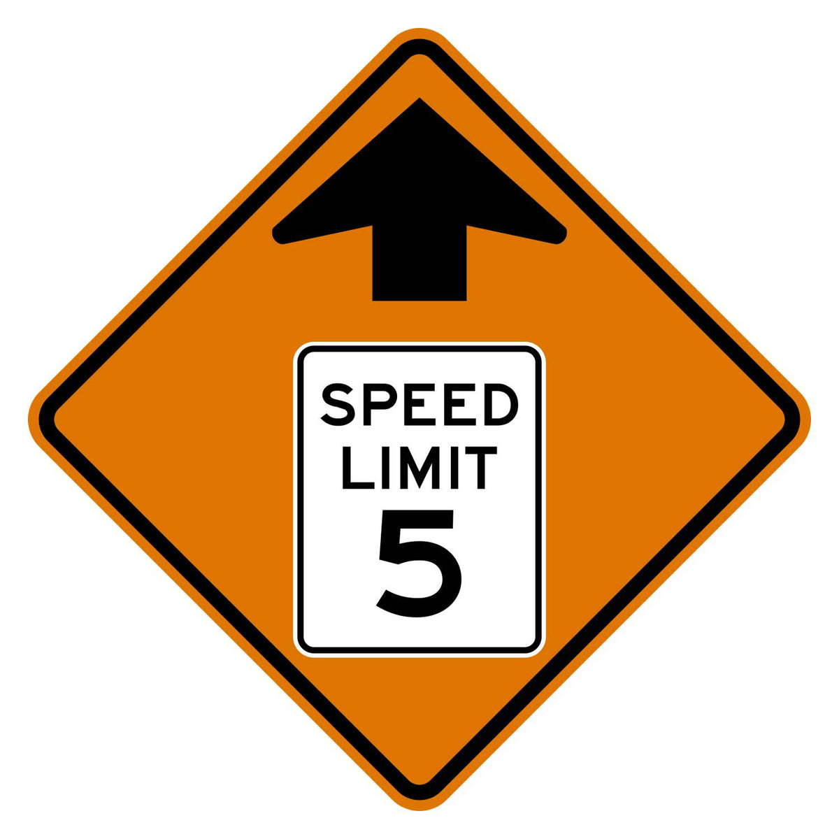 Construction Reduced Speed Limit Ahead 5 MPH Sign W3-5 - orange diamond sign with black up arrow above a white speed limit sign pictograph reading SPEED LIMIT 5