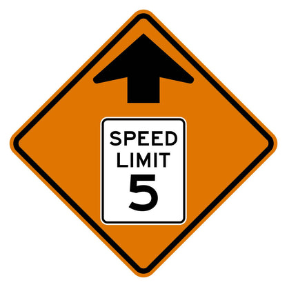 Construction Reduced Speed Limit Ahead 5 MPH Sign W3-5 - orange diamond sign with black up arrow above a white speed limit sign pictograph reading SPEED LIMIT 5