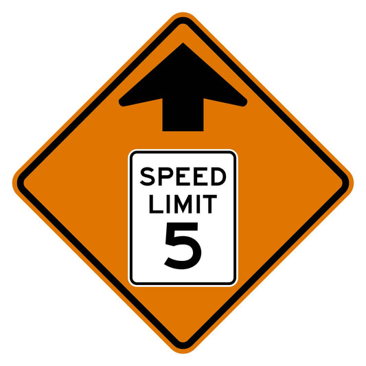 Construction Reduced Speed Limit Ahead 5 MPH Sign W3-5 - orange diamond sign with black up arrow above a white speed limit sign pictograph reading SPEED LIMIT 5