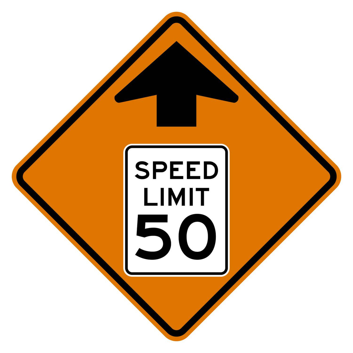 Construction Reduced Speed Limit Ahead 50 MPH Sign W3-5 - orange diamond sign with black up arrow above a white speed limit sign pictograph reading SPEED LIMIT 50