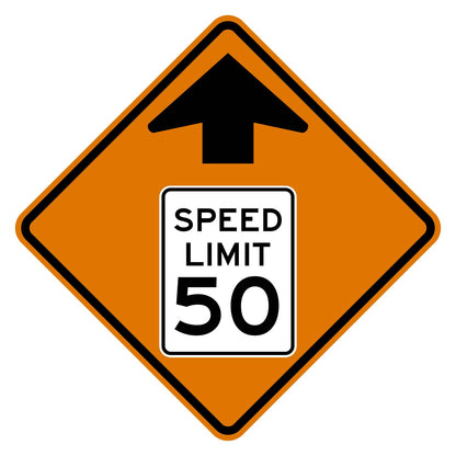 Construction Reduced Speed Limit Ahead 50 MPH Sign W3-5 - orange diamond sign with black up arrow above a white speed limit sign pictograph reading SPEED LIMIT 50