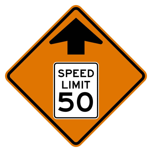 Construction Reduced Speed Limit Ahead 50 MPH Sign W3-5 - orange diamond sign with black up arrow above a white speed limit sign pictograph reading SPEED LIMIT 50