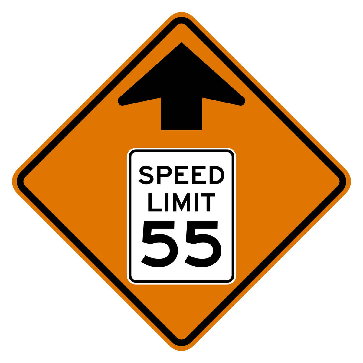 Construction Reduced Speed Limit Ahead 55 MPH Sign W3-5 - orange diamond sign with black up arrow above a white speed limit sign pictograph reading SPEED LIMIT 55