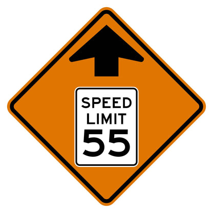 Construction Reduced Speed Limit Ahead 55 MPH Sign W3-5 - orange diamond sign with black up arrow above a white speed limit sign pictograph reading SPEED LIMIT 55