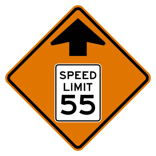 Construction Reduced Speed Limit Ahead 55 MPH Sign W3-5 - orange diamond sign with black up arrow above a white speed limit sign pictograph reading SPEED LIMIT 55