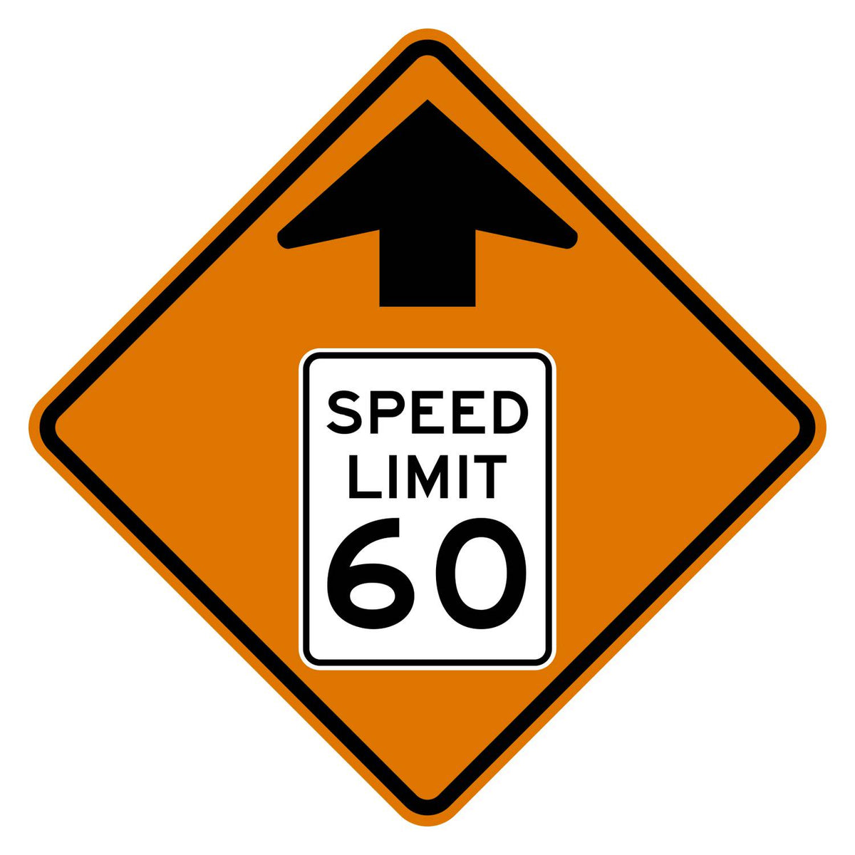 Construction Reduced Speed Limit Ahead 60 MPH Sign W3-5 - orange diamond sign with black up arrow above a white speed limit sign pictograph reading SPEED LIMIT 60