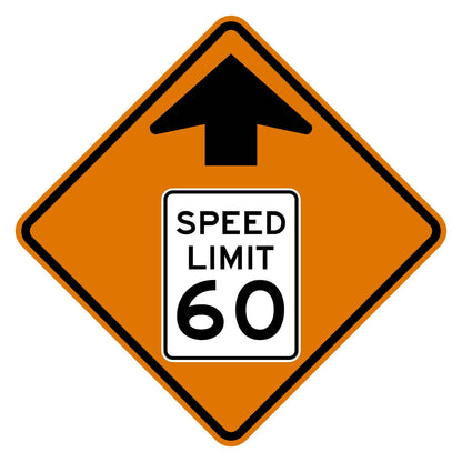 Construction Reduced Speed Limit Ahead 60 MPH Sign W3-5 - orange diamond sign with black up arrow above a white speed limit sign pictograph reading SPEED LIMIT 60
