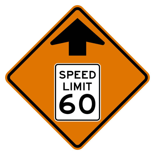 Construction Reduced Speed Limit Ahead 60 MPH Sign W3-5 - orange diamond sign with black up arrow above a white speed limit sign pictograph reading SPEED LIMIT 60