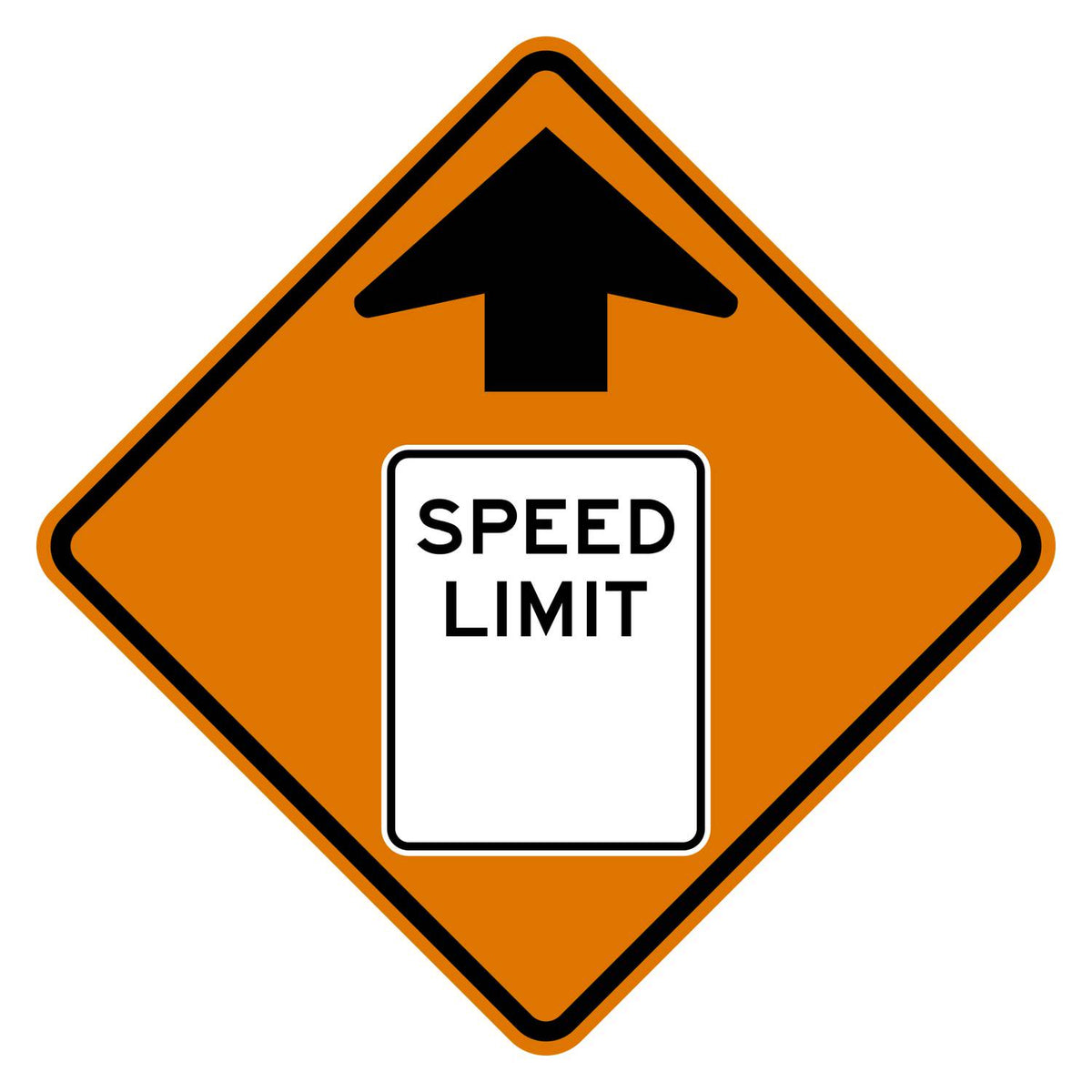 Construction Reduced Speed Limit Ahead Blank Sign W3-5 - orange diamond sign with black up arrow above a white speed limit sign pictograph reading SPEED LIMIT