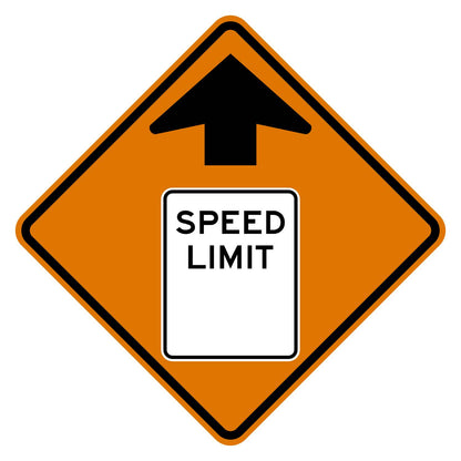 Construction Reduced Speed Limit Ahead Blank Sign W3-5 - orange diamond sign with black up arrow above a white speed limit sign pictograph reading SPEED LIMIT