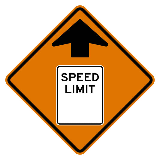 Construction Reduced Speed Limit Ahead Blank Sign W3-5 - orange diamond sign with black up arrow above a white speed limit sign pictograph reading SPEED LIMIT