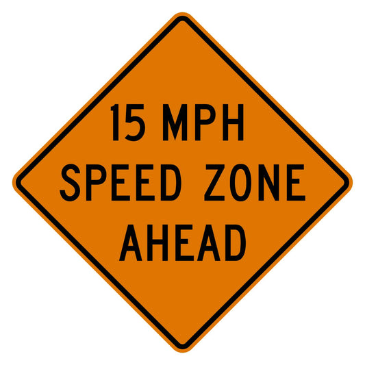 Construction Speed Zone Ahead 15 MPH Sign W3-5a - orange diamond sign reading 15 MPH SPEED ZONE AHEAD in black