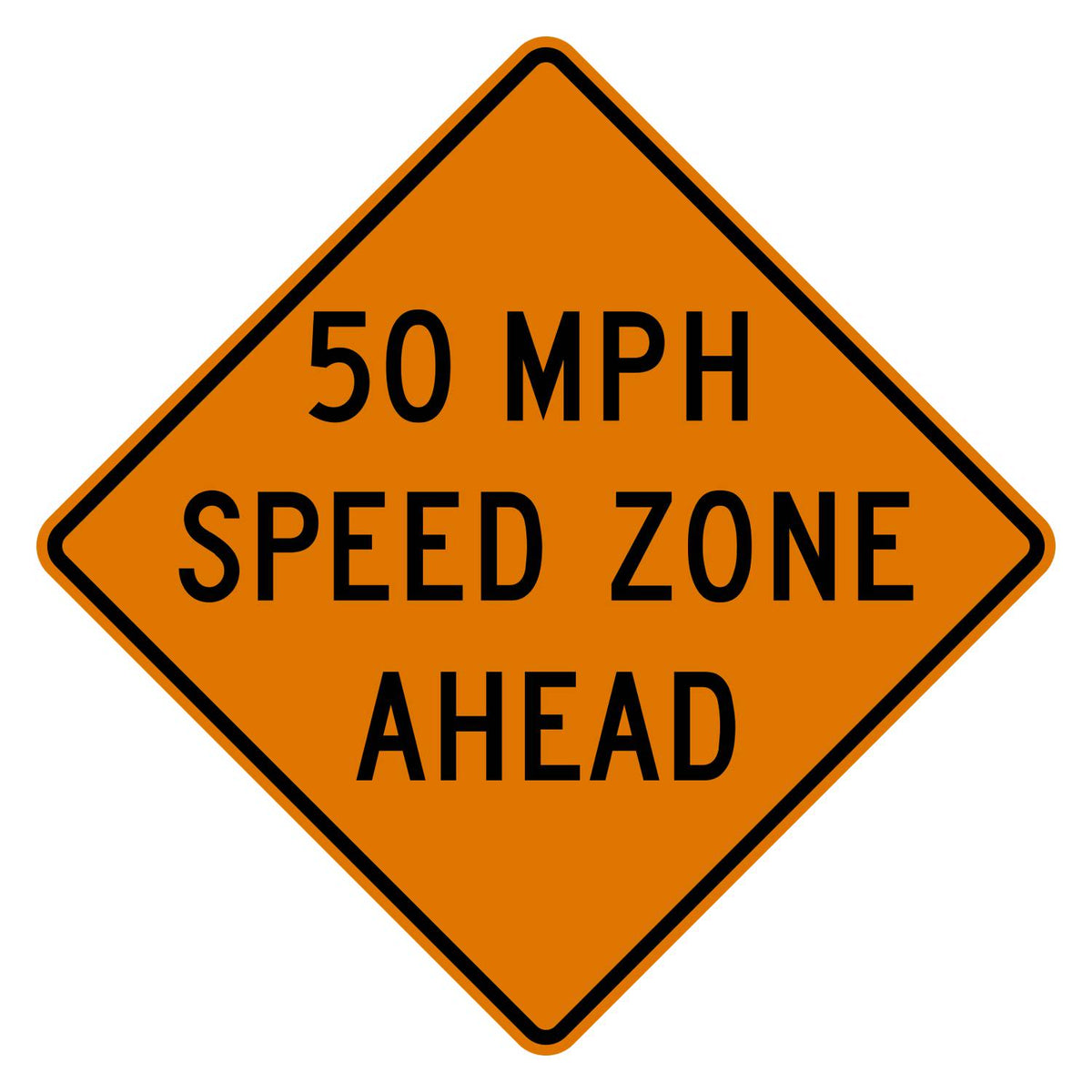 Construction Speed Zone Ahead 50 MPH Sign W3-5a - orange diamond sign reading 50 MPH SPEED ZONE AHEAD in black
