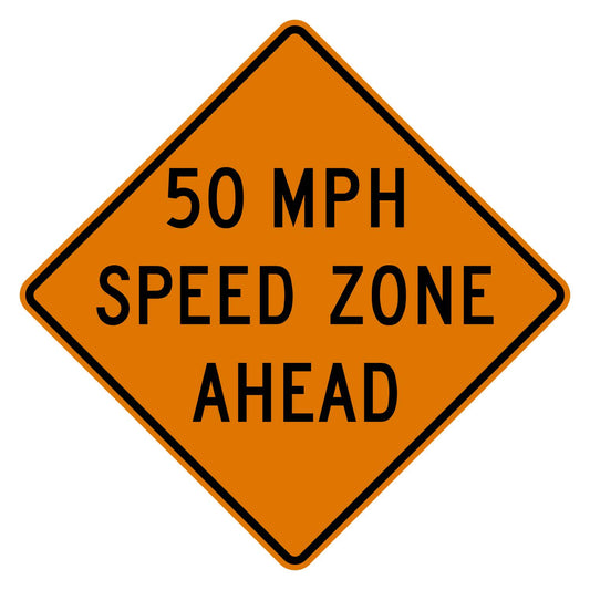 Construction Speed Zone Ahead 50 MPH Sign W3-5a - orange diamond sign reading 50 MPH SPEED ZONE AHEAD in black