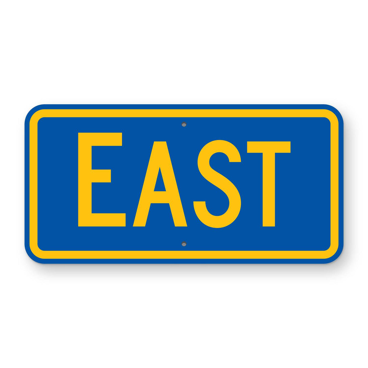 East Route Marker Plaque M3-2 - blue horizontal rectangle plaque with a yellow border reading EAST in yellow, the first letter larger