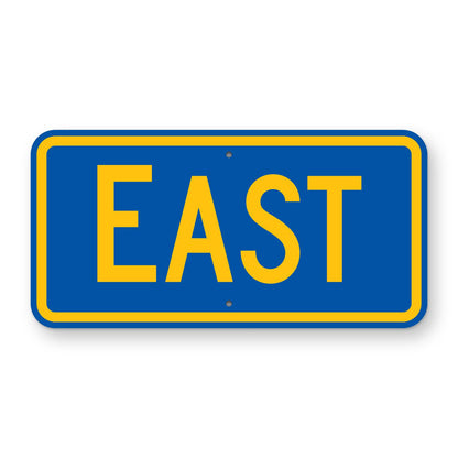 East Route Marker Plaque M3-2 - blue horizontal rectangle plaque with a yellow border reading EAST in yellow, the first letter larger