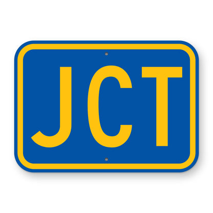 Junction (JCT) Route Marker Plaque M2-1 - blue horizontal rectangle plaque with a yellow border reading JCT in yellow