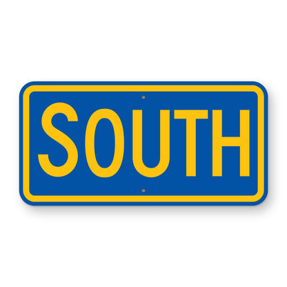 South Route Marker Plaque M3-3 - blue horizontal rectangle plaque with a yellow border reading SOUTH in yellow, the first letter larger