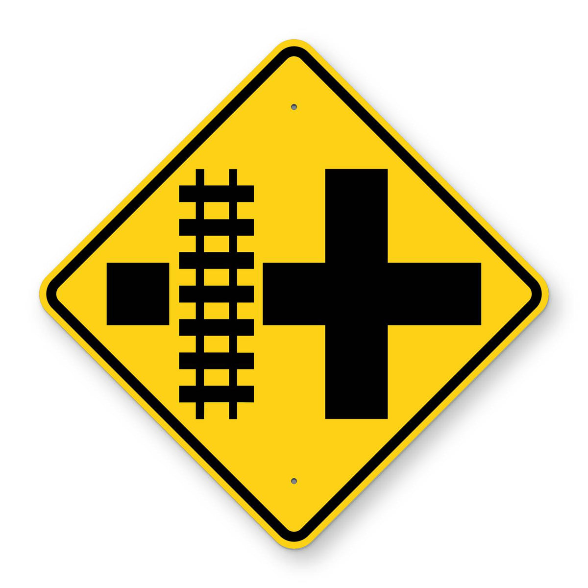 Crossroad Railroad Crossing Left Warning Sign W10-2L - yellow diamond sign with a black crossroad symbol and railroad tracks crossing the road on the left