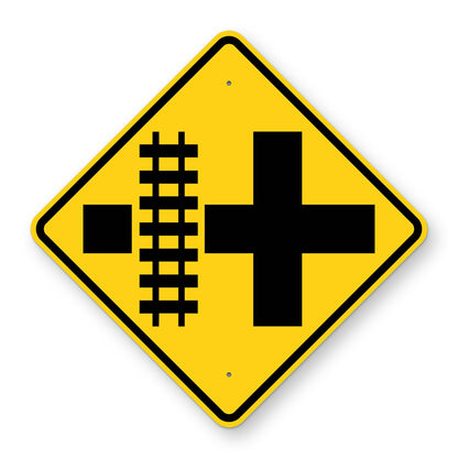 Crossroad Railroad Crossing Left Warning Sign W10-2L - yellow diamond sign with a black crossroad symbol and railroad tracks crossing the road on the left