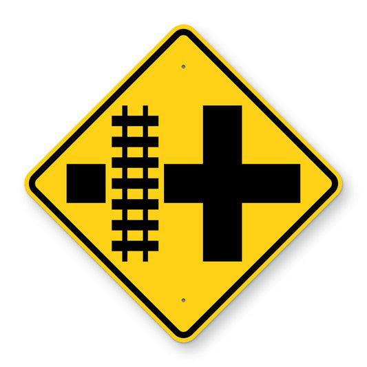 Crossroad Railroad Crossing Left Warning Sign W10-2L - yellow diamond sign with a black crossroad symbol and railroad tracks crossing the road on the left
