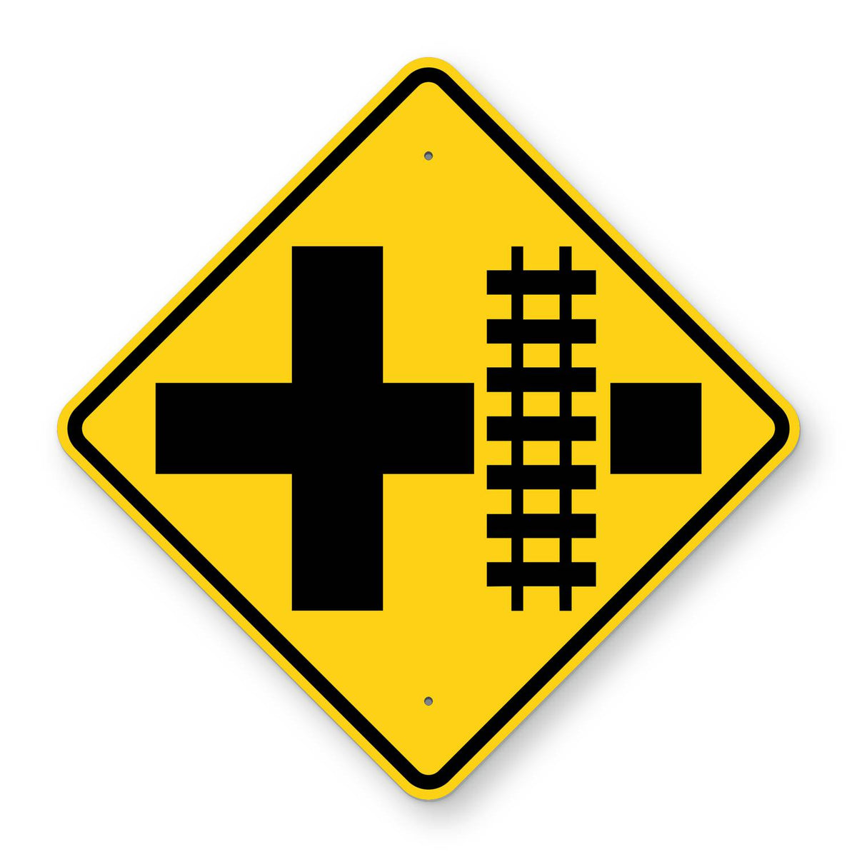 Crossroad Railroad Crossing Right Warning Sign W10-2R - yellow diamond sign with a black crossroad symbol and railroad tracks crossing the road on the right