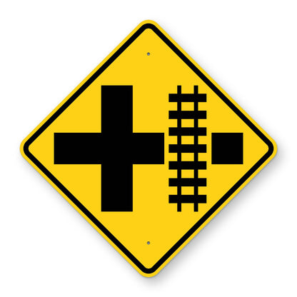 Crossroad Railroad Crossing Right Warning Sign W10-2R - yellow diamond sign with a black crossroad symbol and railroad tracks crossing the road on the right