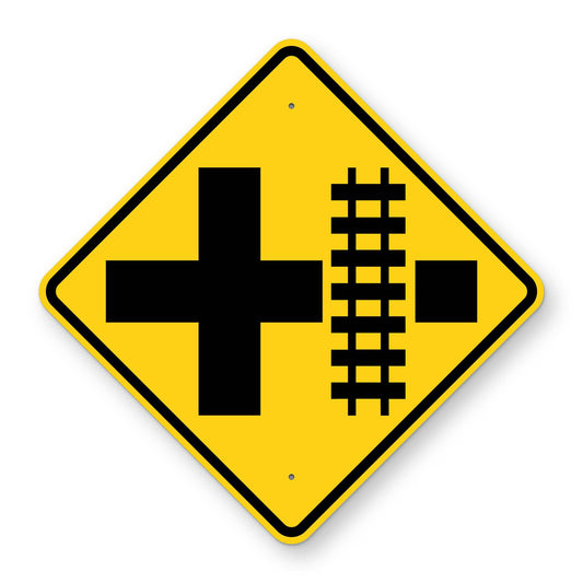 Crossroad Railroad Crossing Right Warning Sign W10-2R - yellow diamond sign with a black crossroad symbol and railroad tracks crossing the road on the right