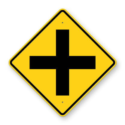 Crossroad Warning Sign W2-1 - yellow diamond sign with black cross-shaped intersection drawing