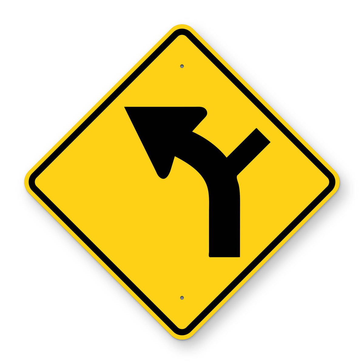 Curve Left with Side Road Warning Sign W1-10L - yellow diamond sign with a black arrow curving left and a side road branching to the right