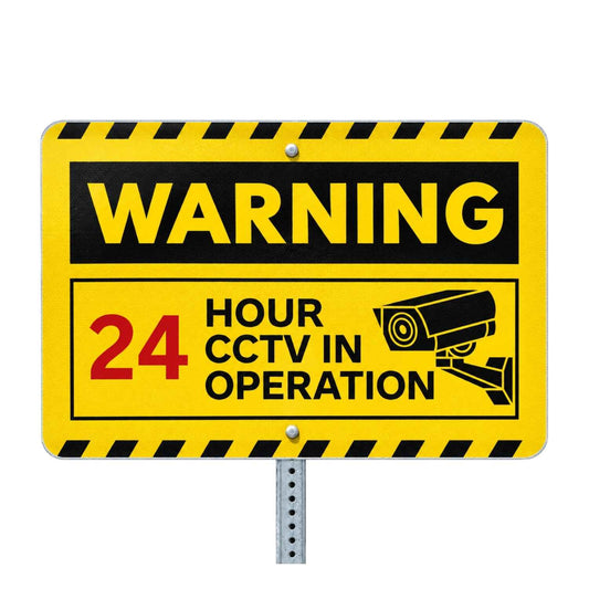Custom Aluminum Horizontal Rectangle Sign with Image Upload - example yellow sign reading WARNING 24 HOUR CCTV IN OPERATION with a camera graphic