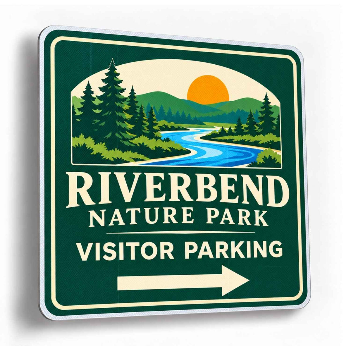 Custom Aluminum Square Sign with Image Upload - example green square sign with a river and forest scene reading RIVERBEND NATURE PARK VISITOR PARKING with a right arrow