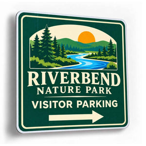 Custom Aluminum Square Sign with Image Upload - example green square sign with a river and forest scene reading RIVERBEND NATURE PARK VISITOR PARKING with a right arrow