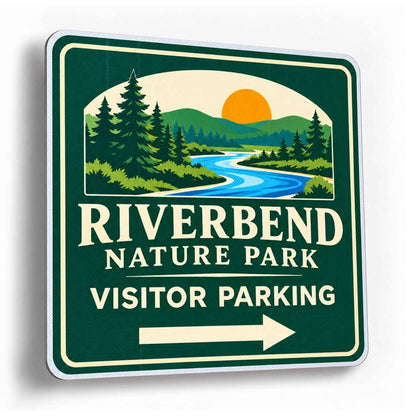 Custom Aluminum Square Sign with Image Upload - example green square sign with a river and forest scene reading RIVERBEND NATURE PARK VISITOR PARKING with a right arrow