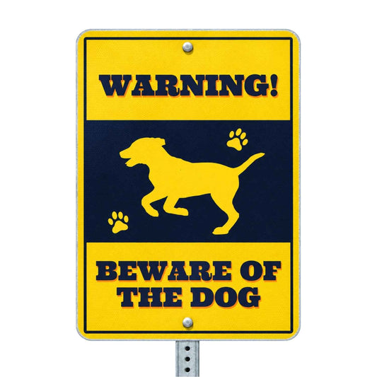 Custom Aluminum Vertical Rectangle Sign with Image Upload - example yellow and navy sign reading WARNING! BEWARE OF THE DOG with a dog graphic