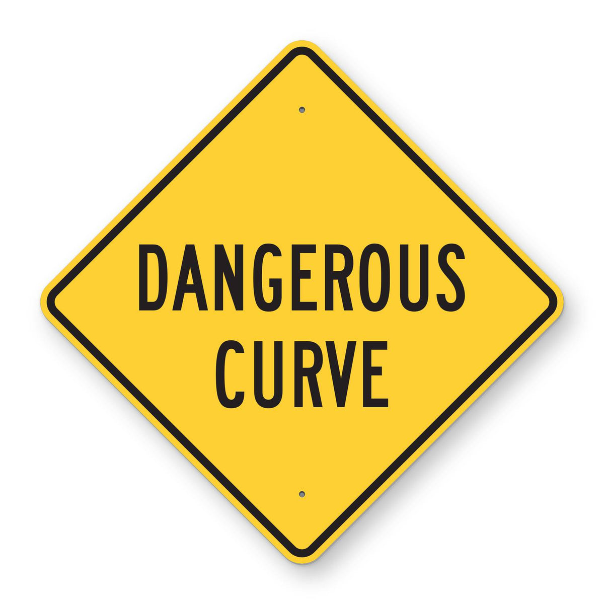 Dangerous Curve Sign - yellow diamond sign reading DANGEROUS CURVE in black