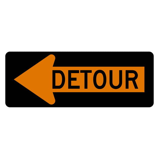 Orange horizontal M4-10L detour sign with black DETOUR legend inside a left-pointing arrow.