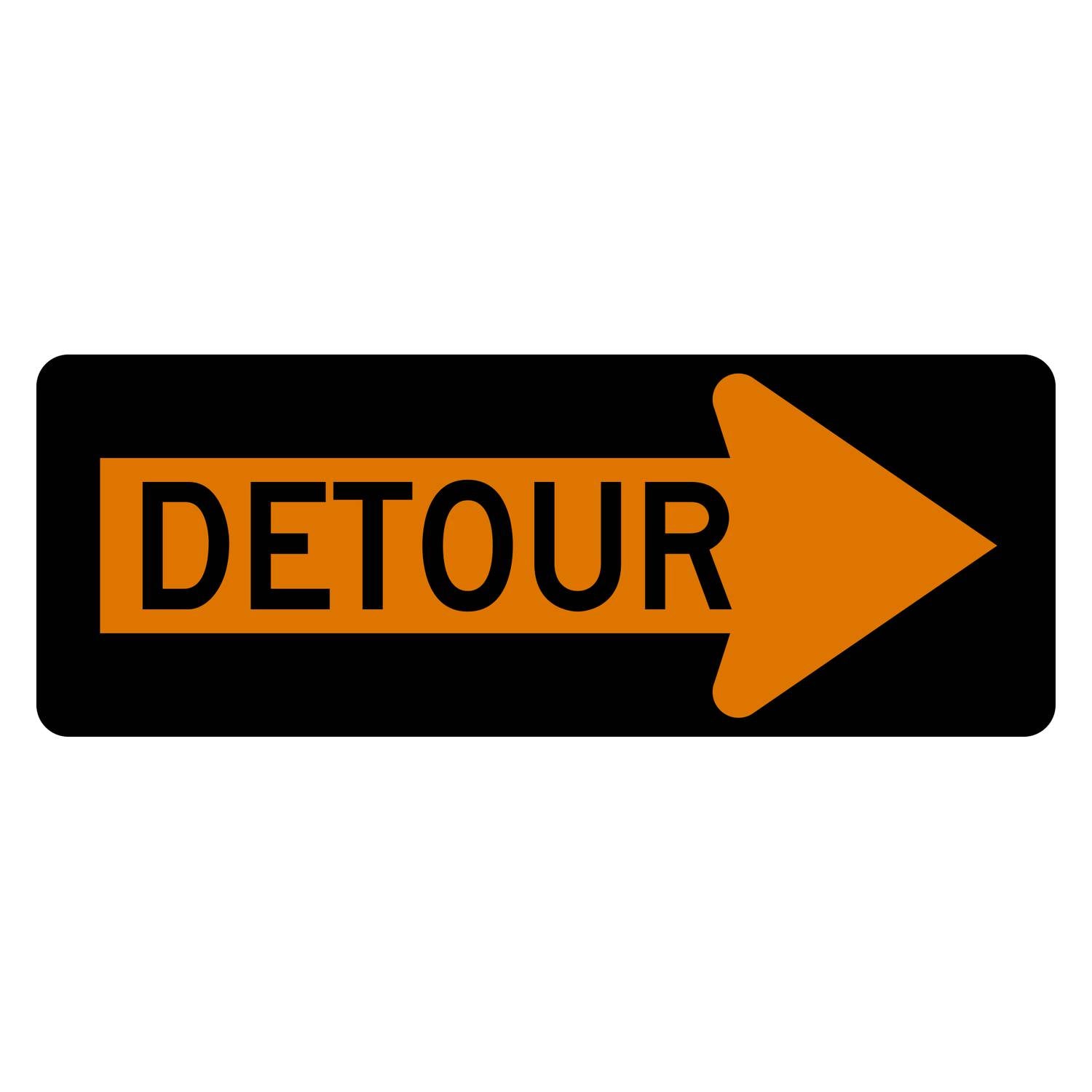 Orange horizontal M4-10R detour sign with black DETOUR legend inside a right-pointing arrow.