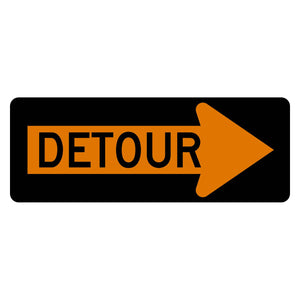 Orange horizontal M4-10R detour sign with black DETOUR legend inside a right-pointing arrow.
